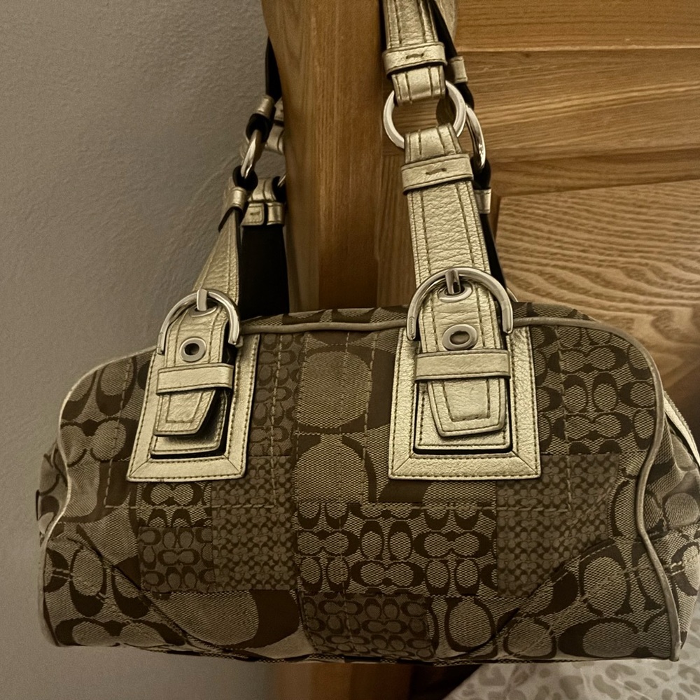 Vintage Coach Brown and Tan Shoulder Bag with Signature Design & matching wallet